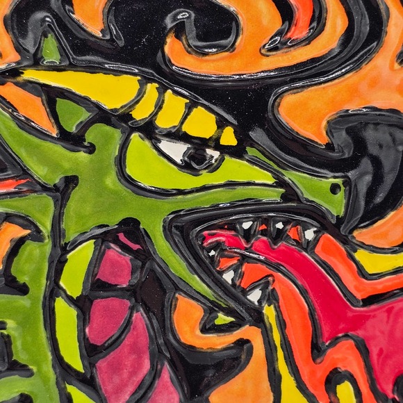 Studio Pottery Hand Painted Fire Eating Green Dragon Ceramic Tile Art 6-3/8 2022 - Picture 2 of 6